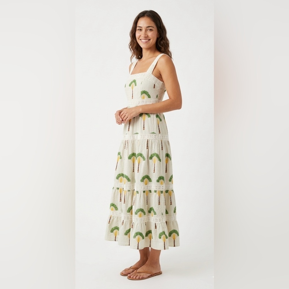 #SUMER#🌴 Calypso St. Barth Palm Print Tiered Midi Dress - Size L